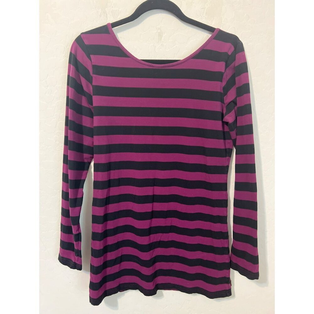 Paint by Numbers XL Women Scoop Neck Black Purple Striped Long Sleeve Tee Shirt
